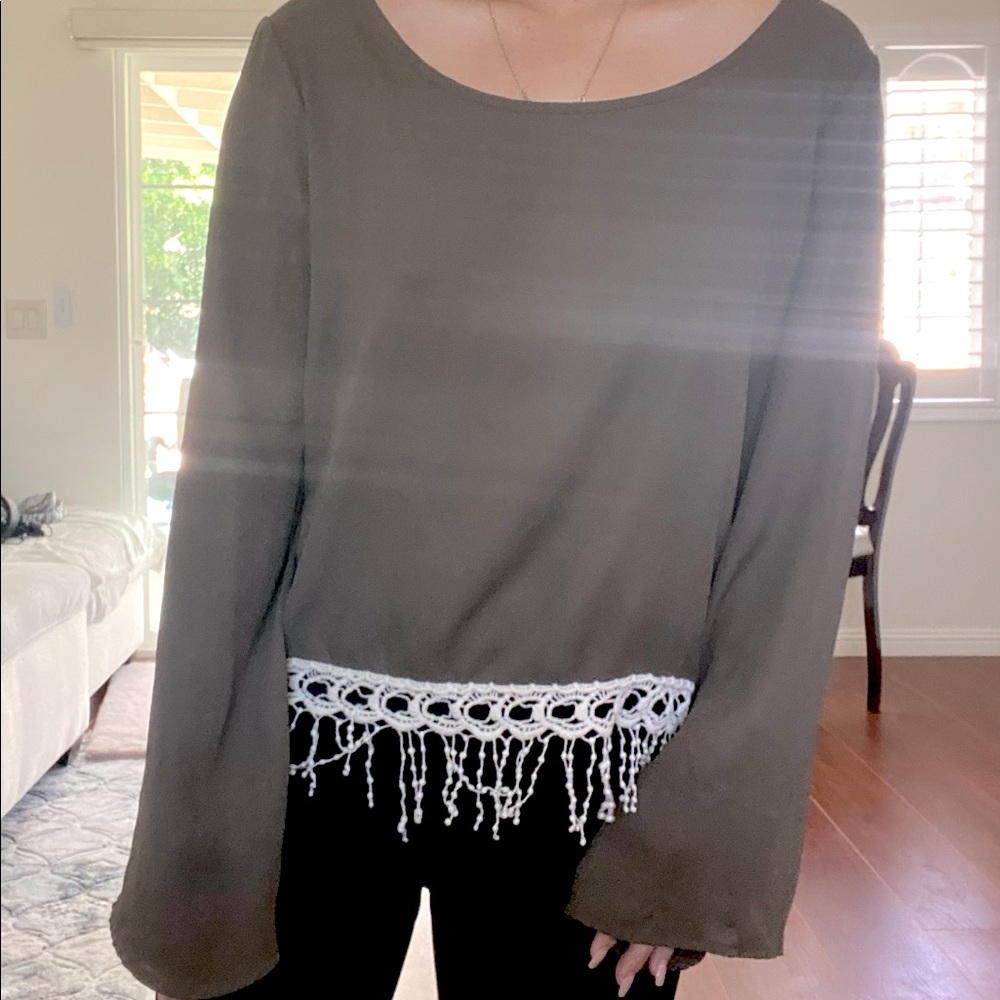 Flowy long sleeve army green boho style blouse